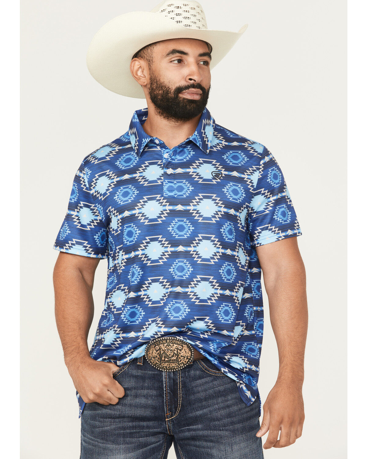 Image #1 - Rock & Roll Denim Men's Southwestern Print Short Sleeve Button-Down Stretch Polo, Blue, hi-res
