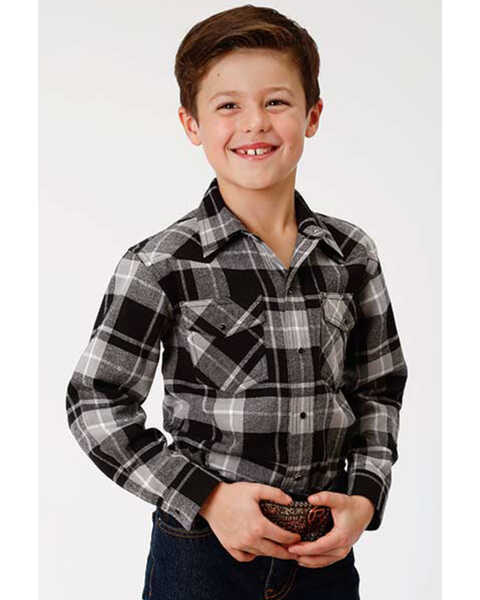 Roper Boys' Plaid Long Sleeve Snap Western Shirt - Black , Black, hi-res