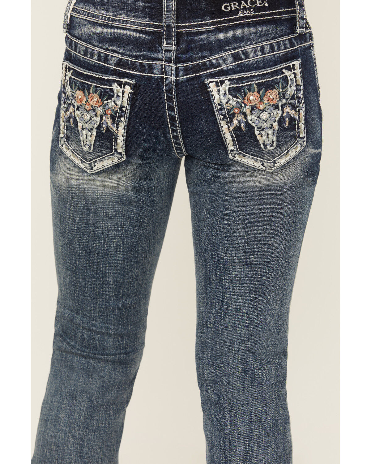 Image #2 - Grace In La Girls' Floral Steerhead Embroidered And Embellished Bootcut Stretch Denim Jeans, Blue, hi-res