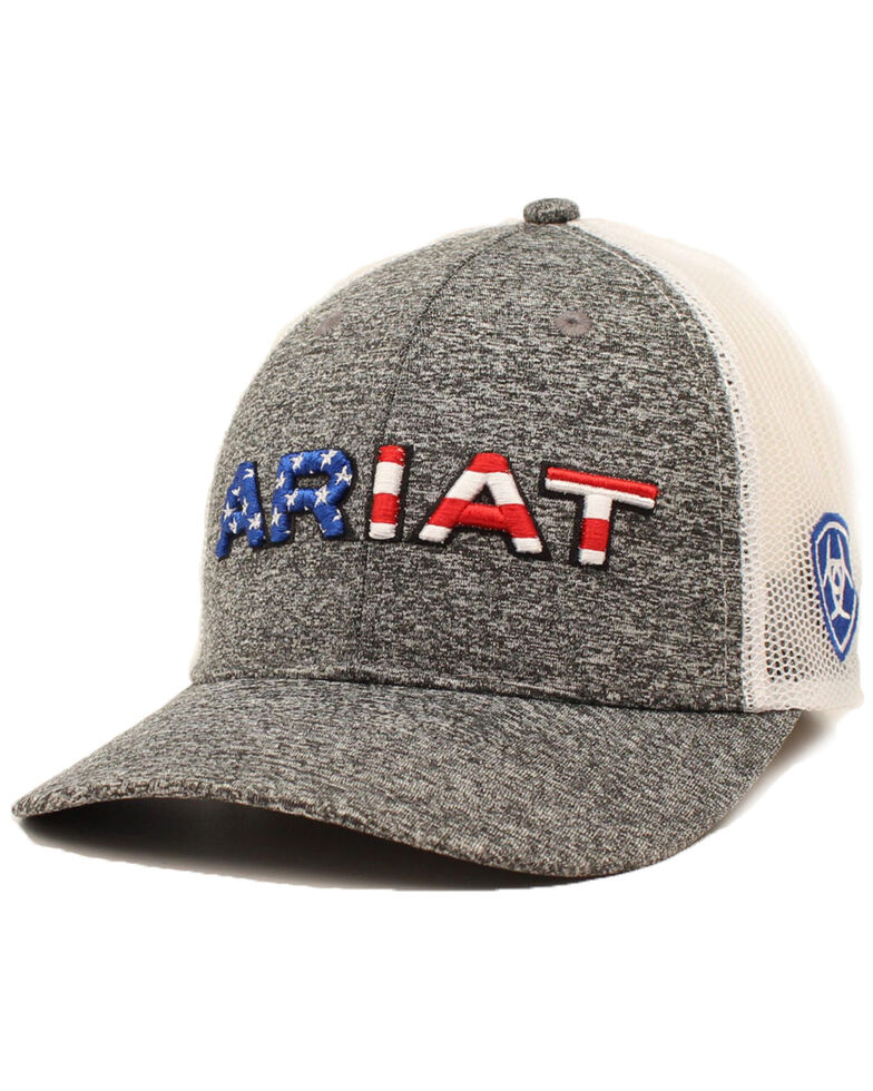 Ariat Men's Textured Grey American Flag Logo Mesh Cap , Grey, hi-res