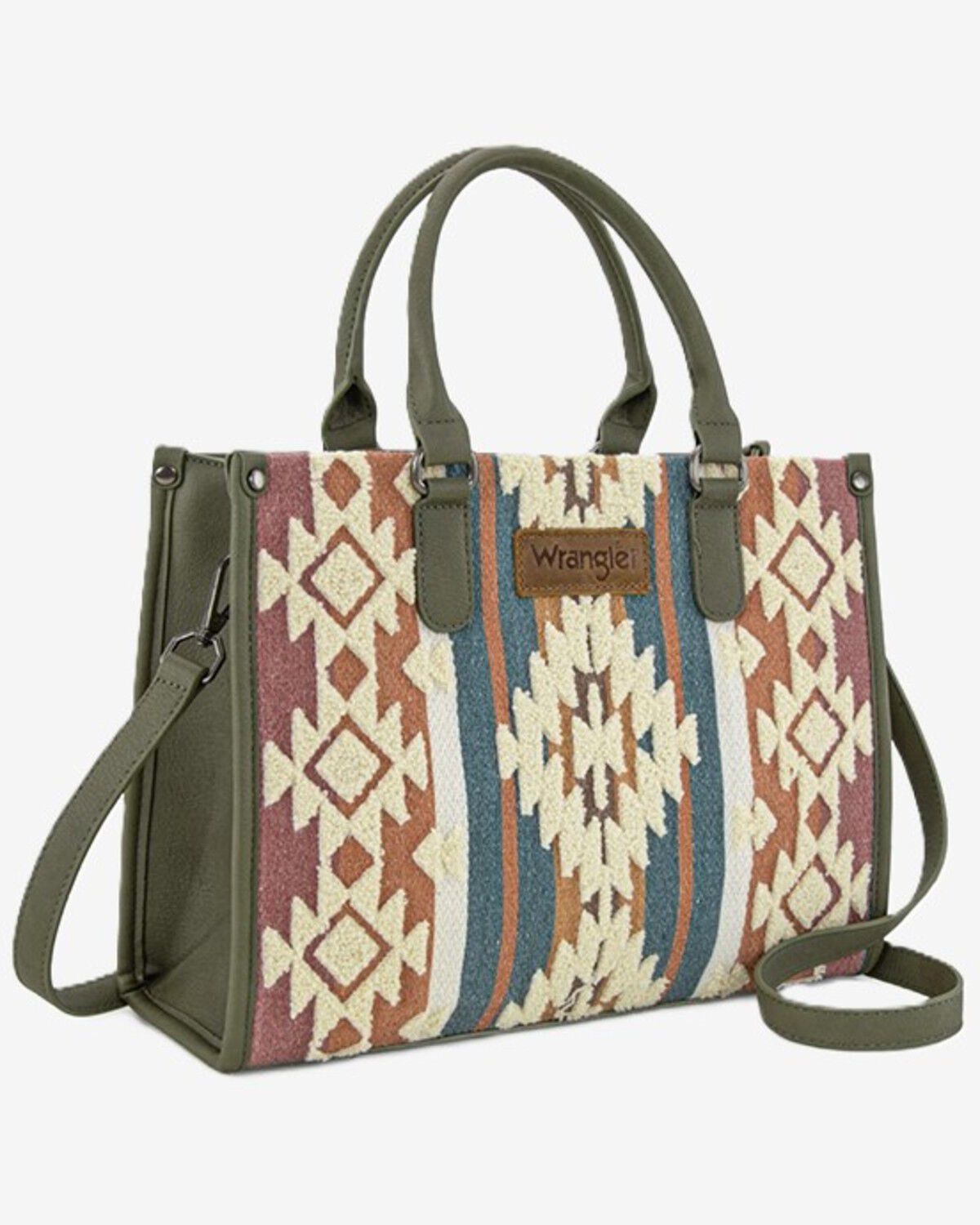 Wrangler Women's Sherpa Southwestern Print Canvas Crossbody Tote, Brown, hi-res