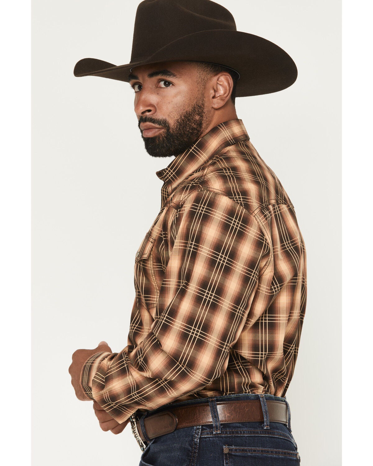 Image #2 - Wrangler Retro Men's Premium Plaid Print Long Sleeve Snap Western Shirt, Brown, hi-res