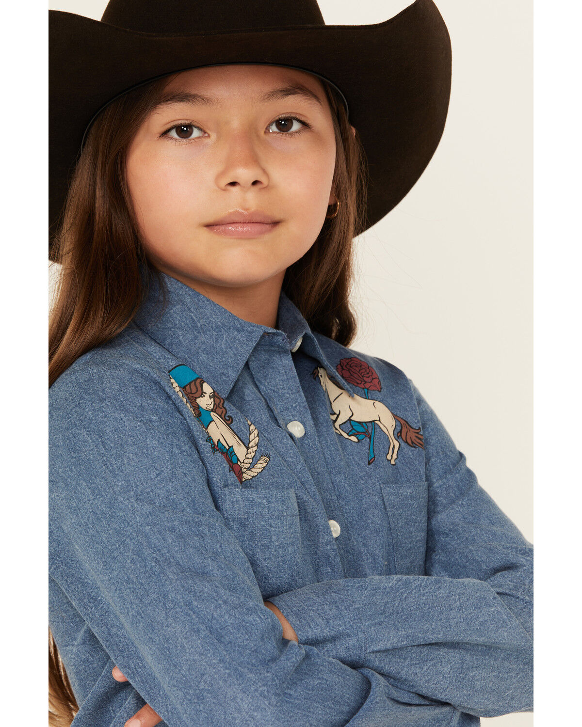 Image #2 - Roper Girls' Western Long Sleeve Button-Down Denim Shirt, Blue, hi-res