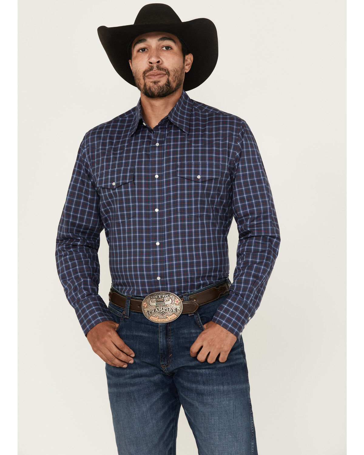 Image #1 - Wrangler Men's Wrinkle Resistant Windowpane Plaid Print Long Sleeve Pearl Snap Stretch Western Shirt, Blue, hi-res