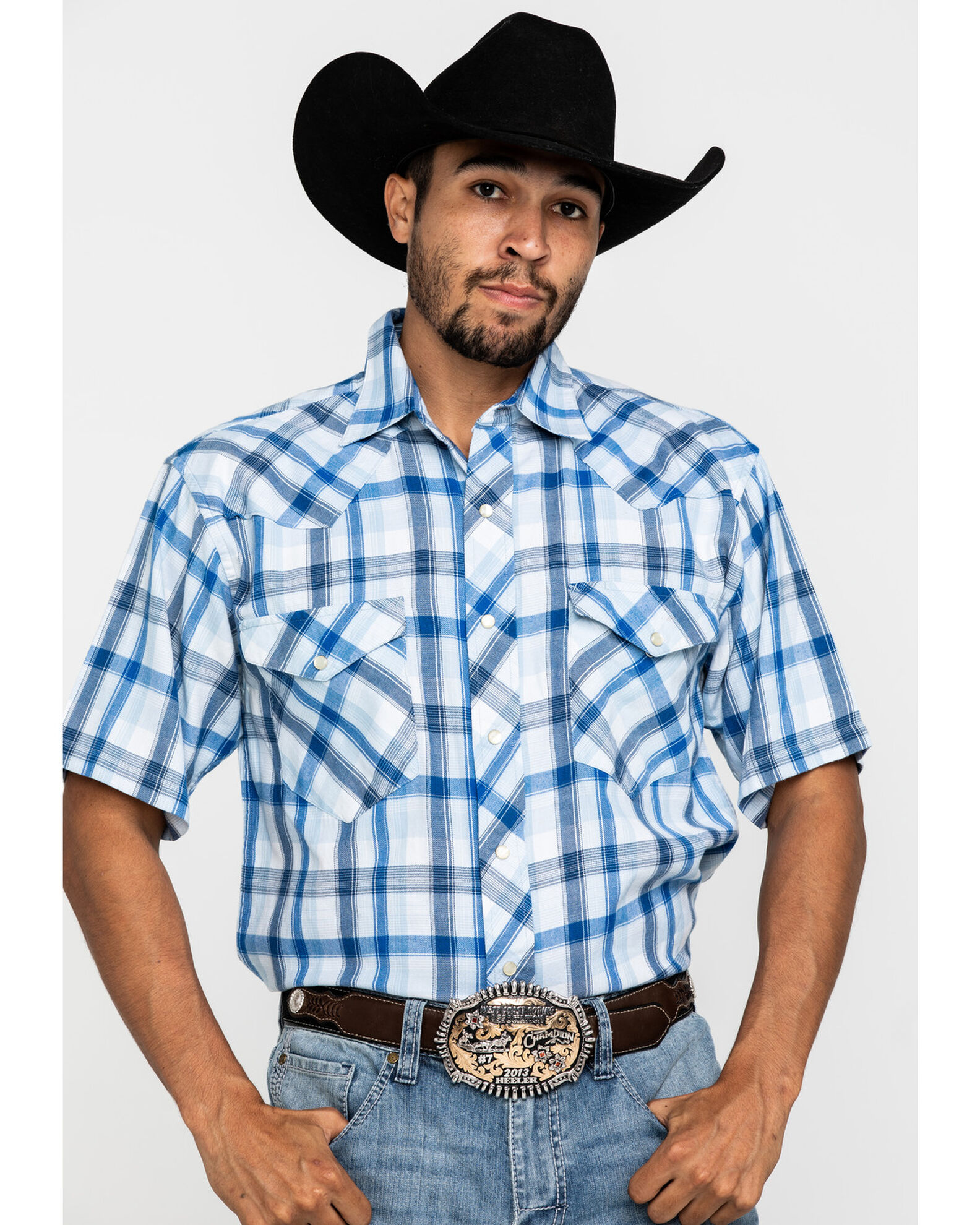 Image #1 - Resistol Men's Blue Vallecito Large Plaid Short Sleeve Western Shirt, Blue, hi-res