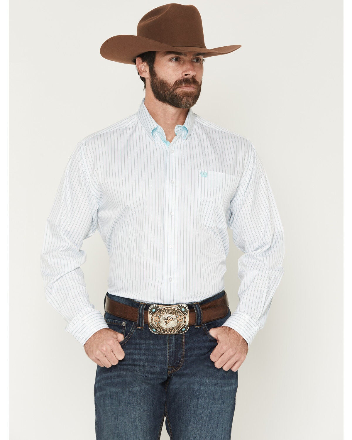 Image #1 - Cinch Men's Stripe Print Tencel Long Sleeve Button-Down Western Shirt, White, hi-res