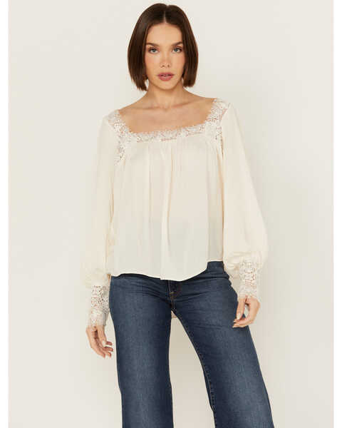 Free People Women's Flutter By Lace Detail Long Sleeve Top , Ivory, hi-res