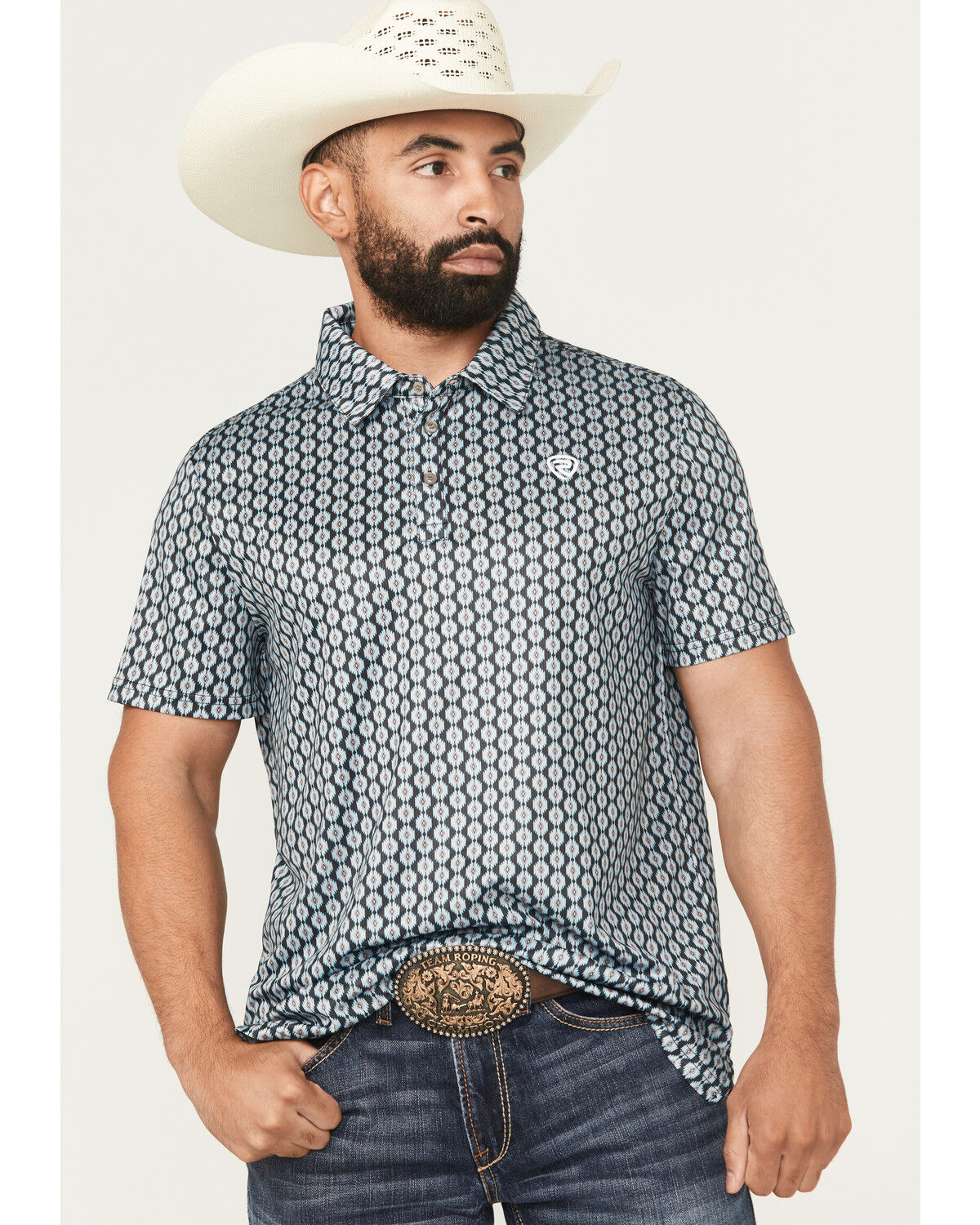 Image #1 - Rock & Roll Denim Men's Geo Print Short Sleeve Button-Down Stretch Polo Shirt, Black, hi-res