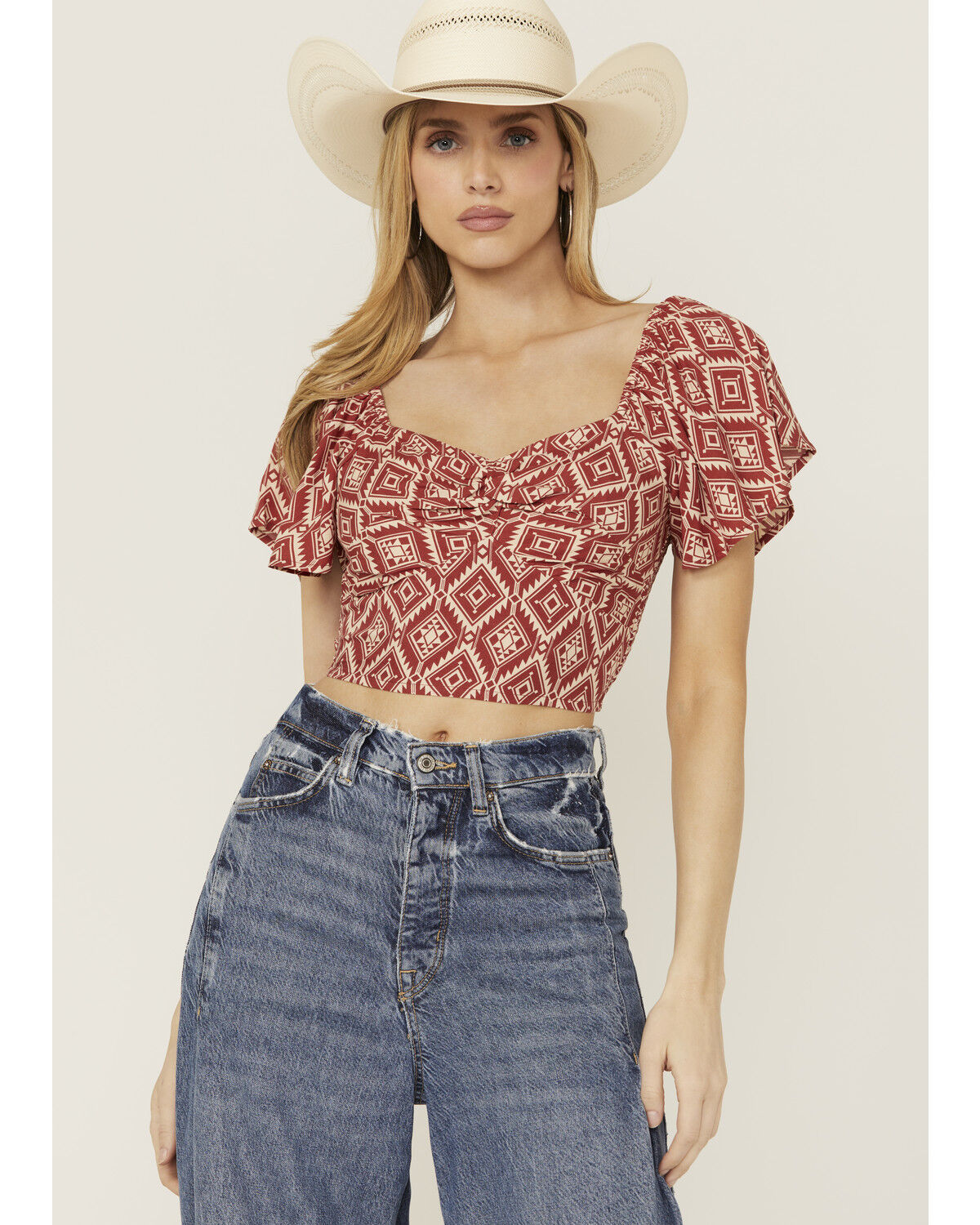 Image #1 - Rock & Roll Denim Women's Southwestern Print Flutter Short Sleeve Top, Red, hi-res
