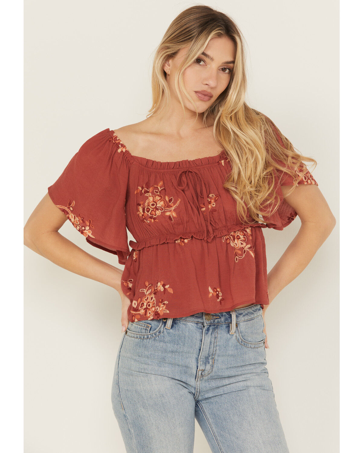 Image #1 - Wild Moss Women's Floral Embroidered Short Sleeve Peplum Top, Rust Copper, hi-res