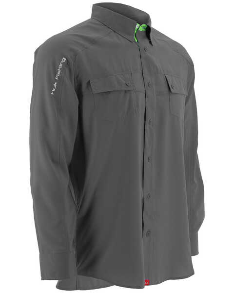 Image #1 - Huk Performance Fishing Men's Next Level Long Sleeve Button Down Woven Shirt , Charcoal Grey, hi-res