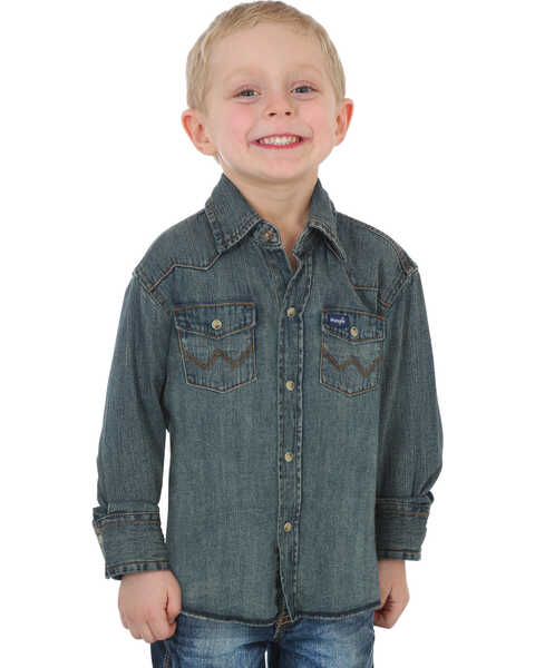 Image #1 - Wrangler Boys' Long Sleeve Snap Western Denim Shirt , Indigo, hi-res