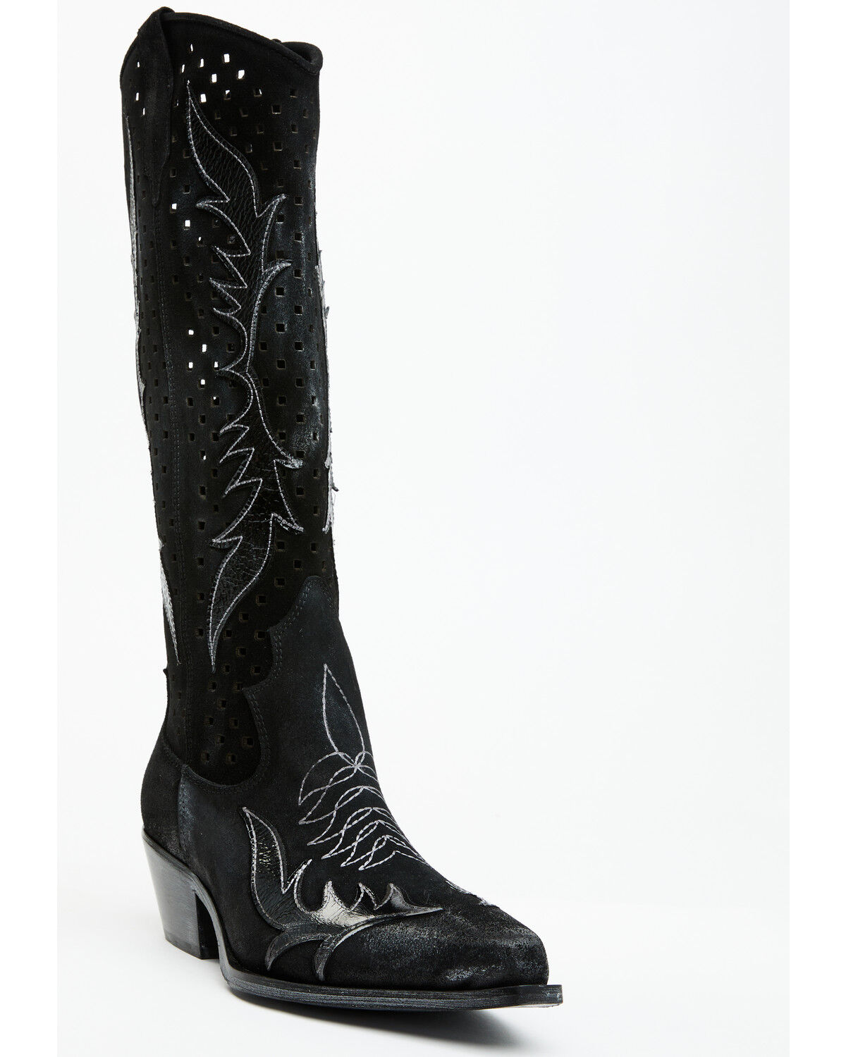 Image #1 - Italian Cowboy Women's Perforated Tall Western Boots - Snip Toe, Black, hi-res
