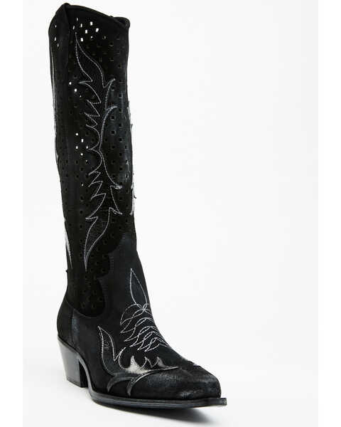 Italian Cowboy Women's Perforated Tall Western Boots - Snip Toe , Black, hi-res