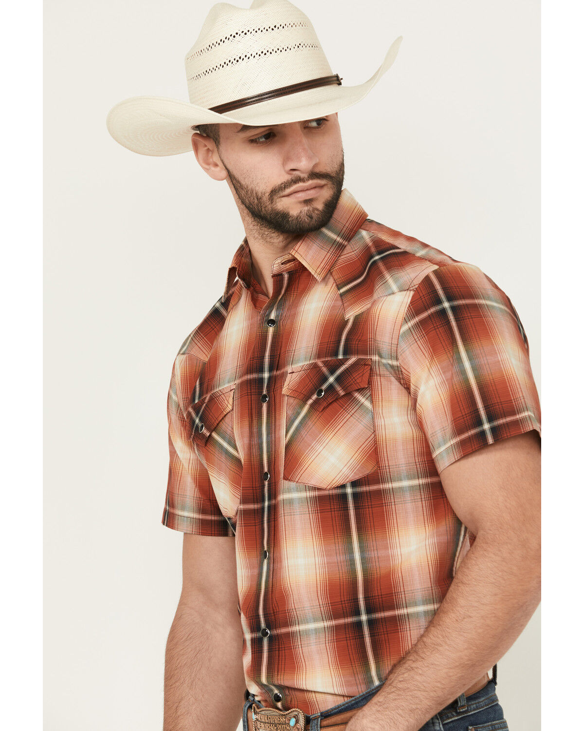 Image #2 - Pendleton Men's Frontier Plaid Print Short Sleeve Snap Stretch Western Shirt, Brick Red, hi-res