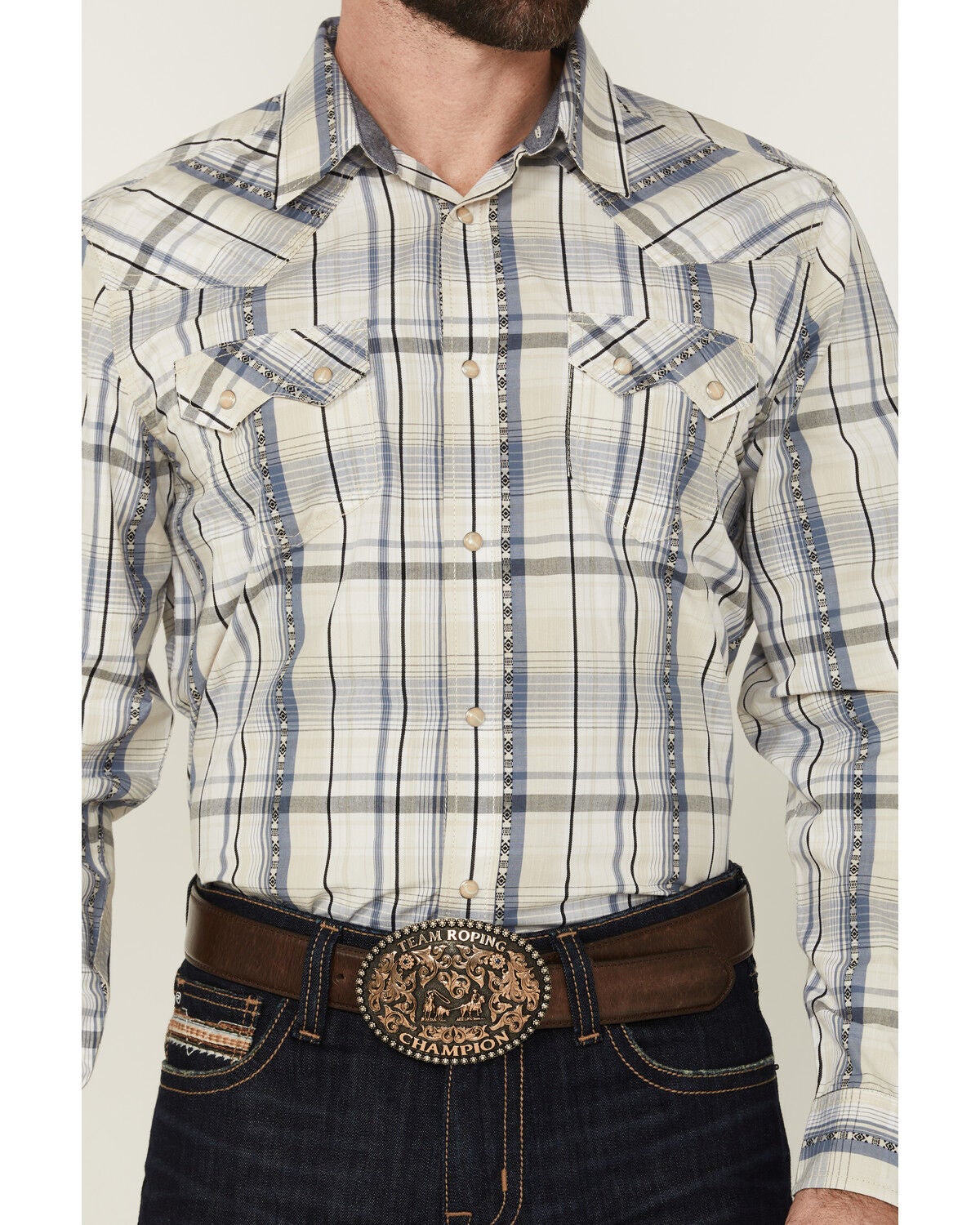 Image #3 - Cody James Men's Western Wind Plaid Print Long Sleeve Snap Western Shirt - Tall, Cream, hi-res