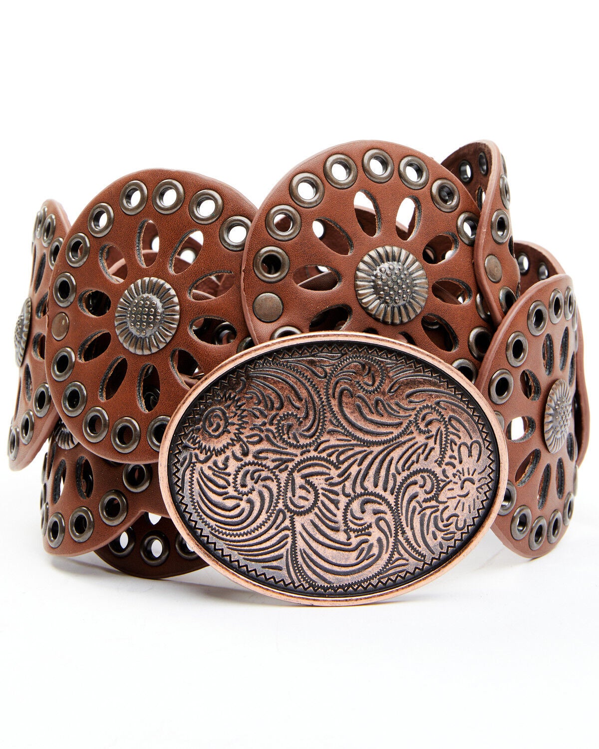 Cowgirls Rock Women's Round Concho Western Belt, Brown, hi-res