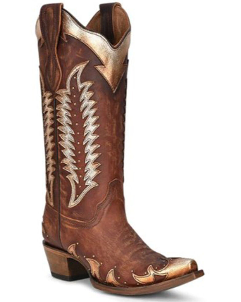 Circle G by Corral Women's Embroidered & Studded Overlay Tall Western Boots - Snip Toe, Cognac, hi-res