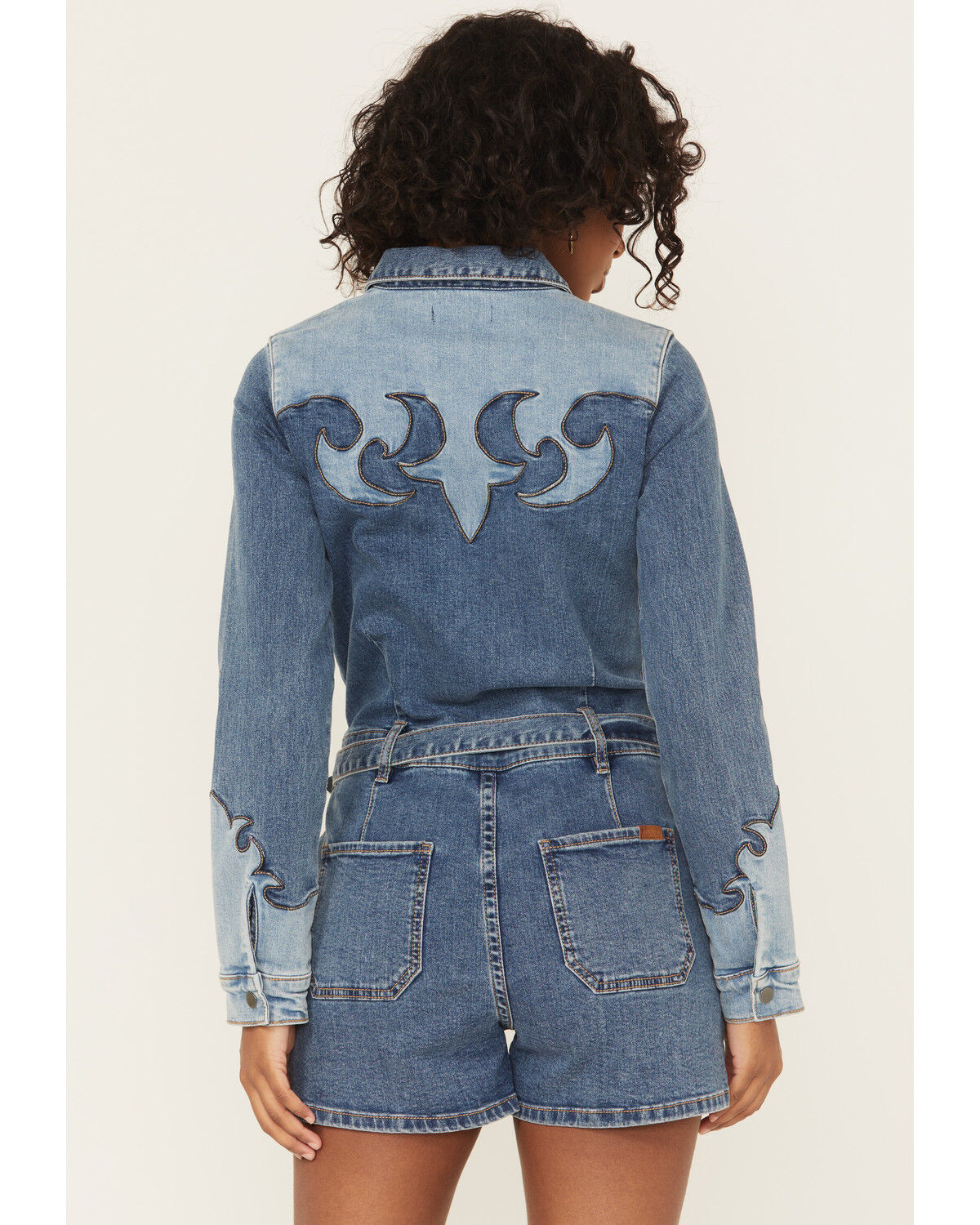Image #4 - Rock & Roll Denim Women's Medium Wash Long Sleeve Snap Stretch Denim Romper, Medium Wash, hi-res