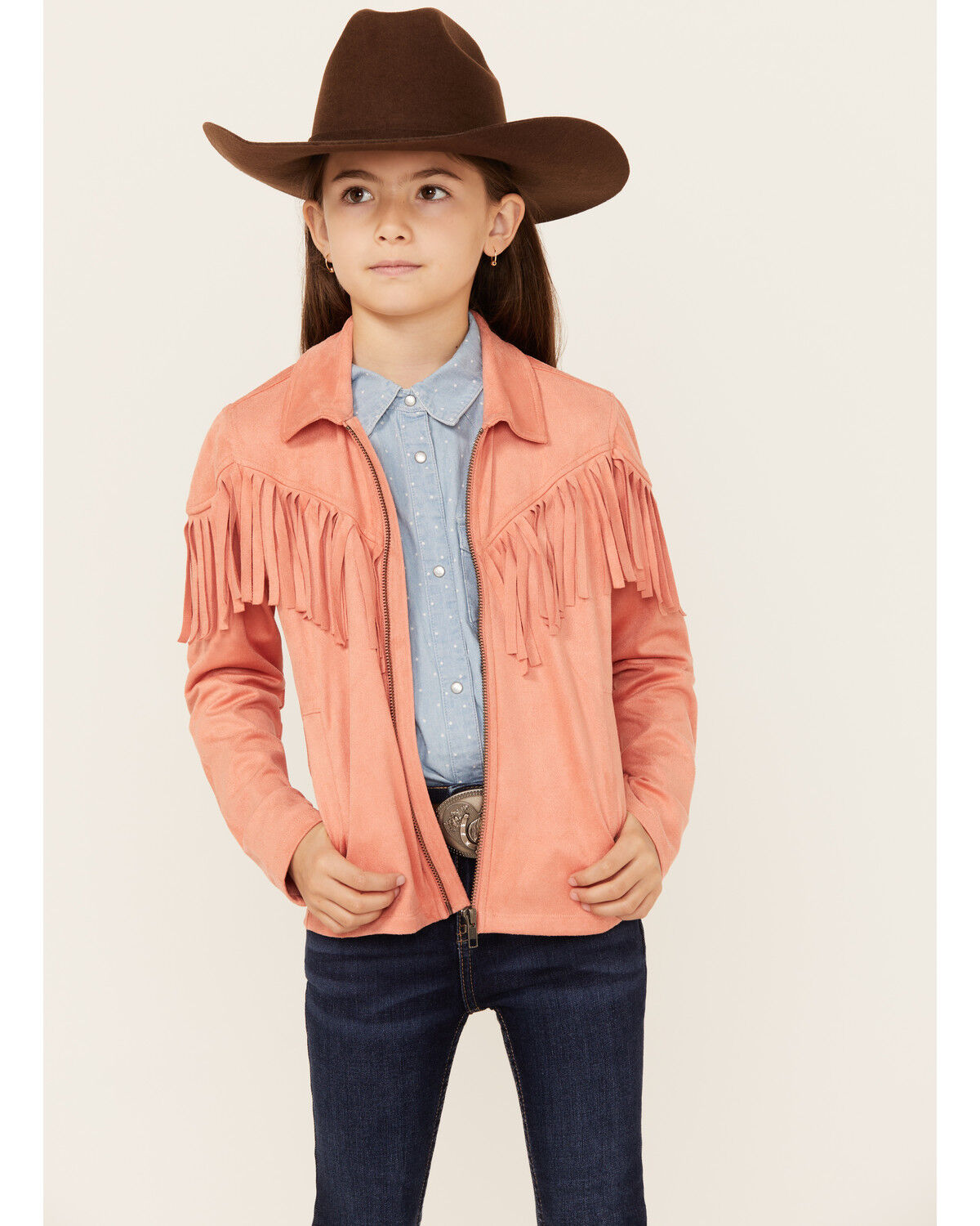 Image #1 - Shyanne Girls' Juniper Faux Suede Fringe Jacket, Rose, hi-res