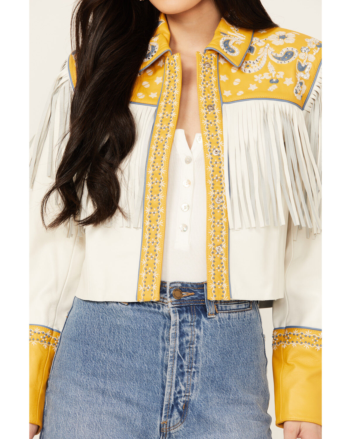 Image #3 - Double D Ranch Women's Reeves County Fringe Leather Jacket, Yellow, hi-res