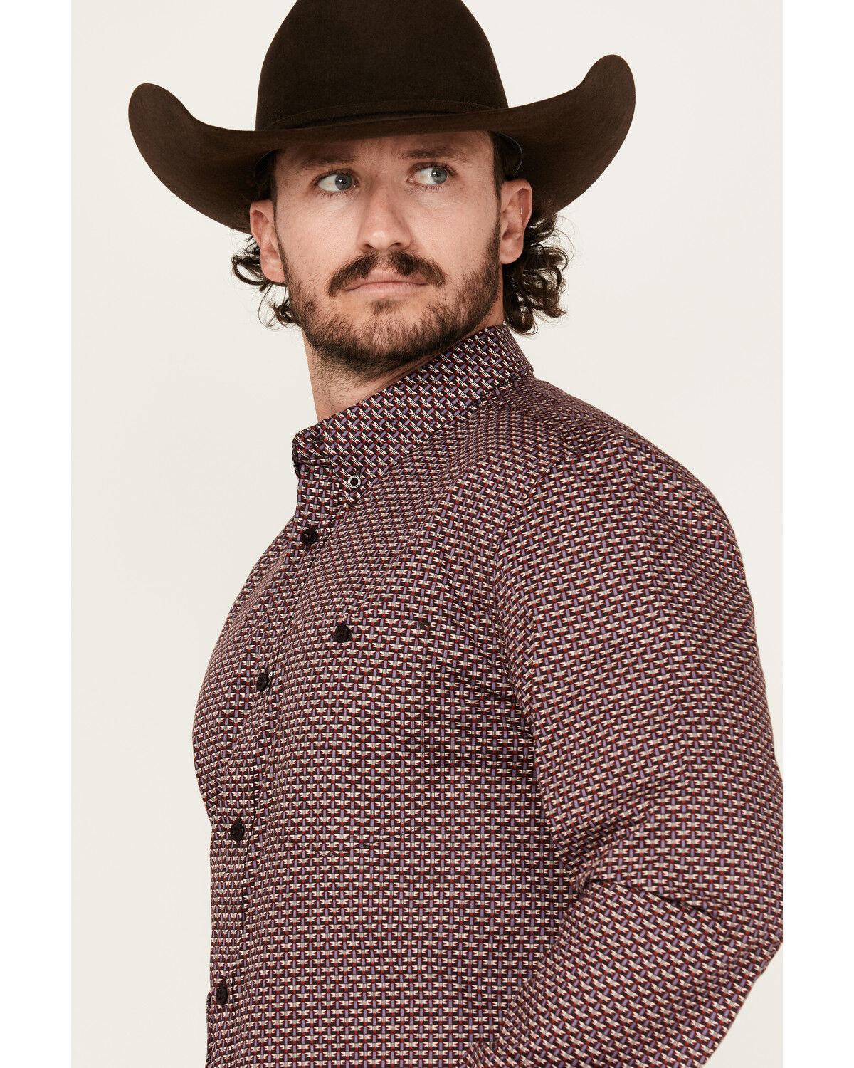 Image #2 - RANK 45® Men's Tinson Geo Print Long Sleeve Button-Down Stretch Western Shirt, Burgundy, hi-res