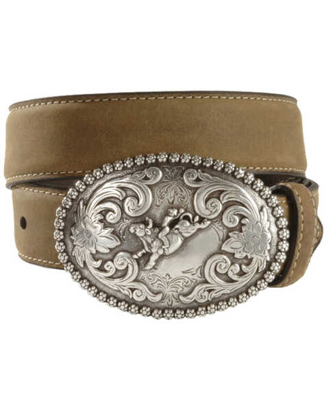 Nocona Belt Co. Boys' Bull Rider Buckle Distressed Leather Belt - 18-26, Brown, hi-res