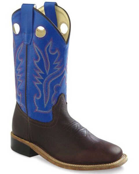 Old West Boys' Blue Shaft Western Boots - Wide Square Toe, Brown, hi-res