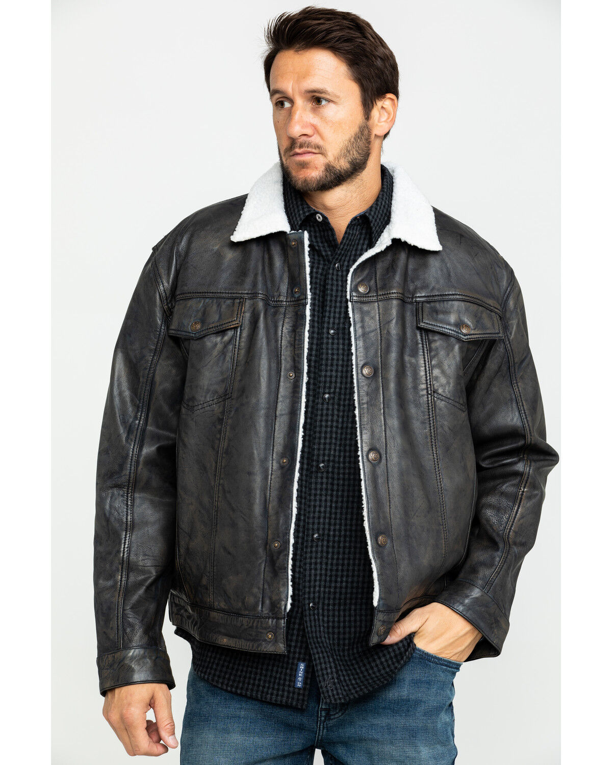 Image #1 - Cripple Creek Men's Concealed Carry Sherpa Lined Leather Jacket, Black, hi-res