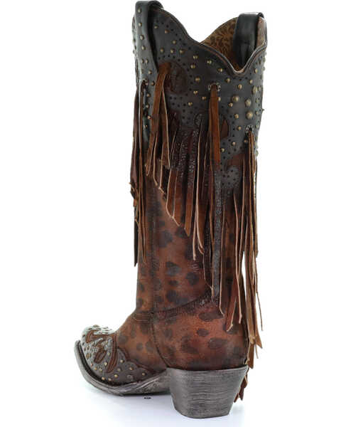 Corral Women's Leopard Stud & Fringe Cowgirl Boots - Snip Toe, Honey, hi-res