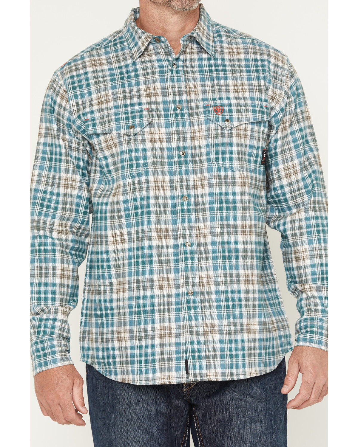 Image #3 - Ariat Men's FR Cobb Plaid Print Long Sleeve Snap Work Shirt, Teal, hi-res