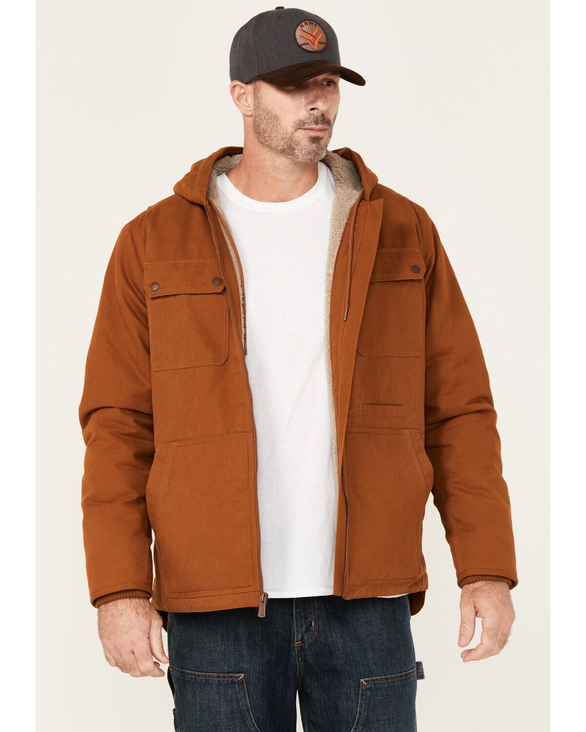 Lucky Brand Workwear Men's Chore Sherpa Lined Insulated Canvas Hooded Jacket, Brown, hi-res