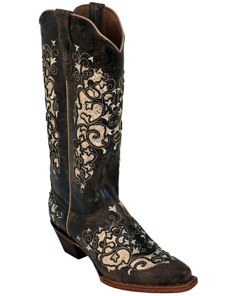 Ferrini Women's Distressed Dazzle Western Boots - Square Toe, Chocolate, hi-res