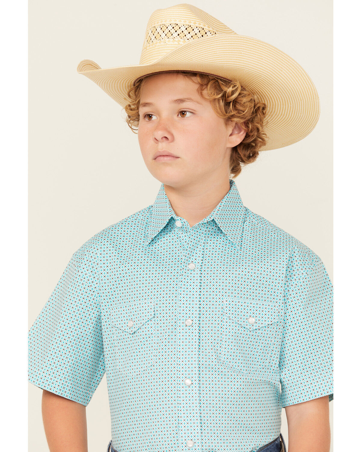 Image #2 - Panhandle Boys' Geo Print Short Sleeve Snap Western Shirt, Aqua, hi-res