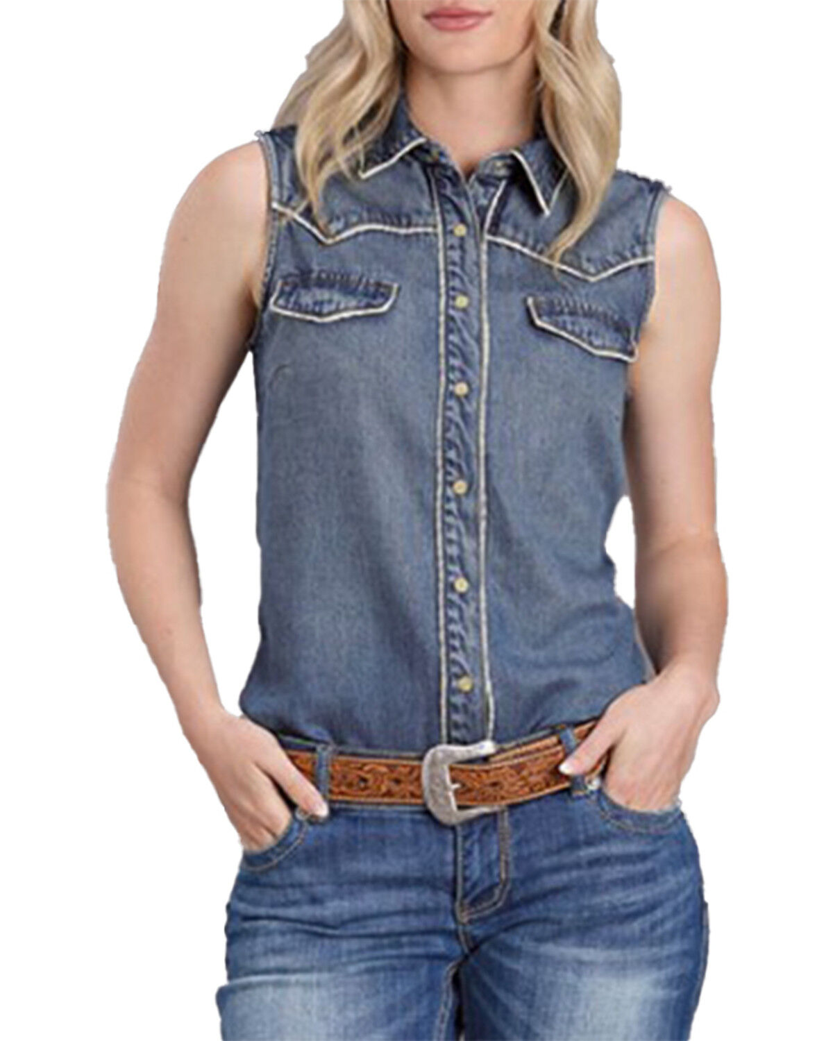 Image #1 - Stetson Women's Medium Wash Sleeveless Snap Denim Shirt, Medium Wash, hi-res