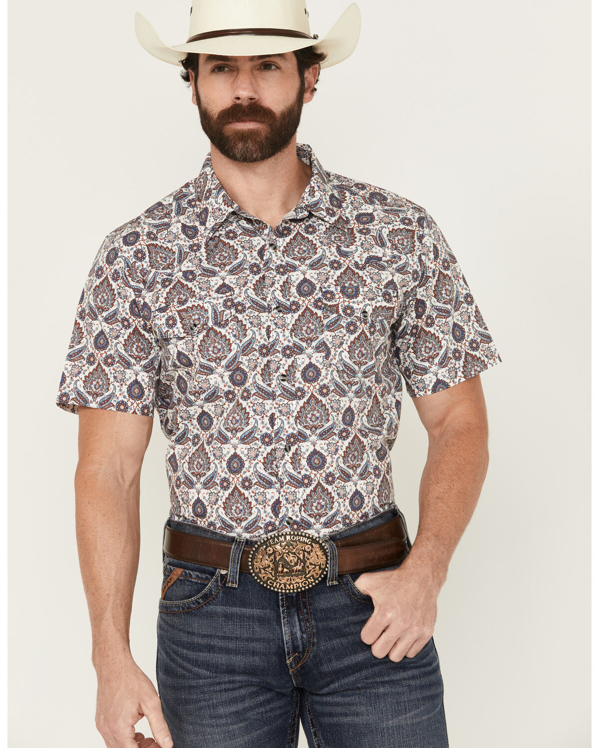 Image #1 - Gibson Trading Co Men's Grand Finale Floral Paisley Print Short Sleeve Snap Western Shirt, White, hi-res
