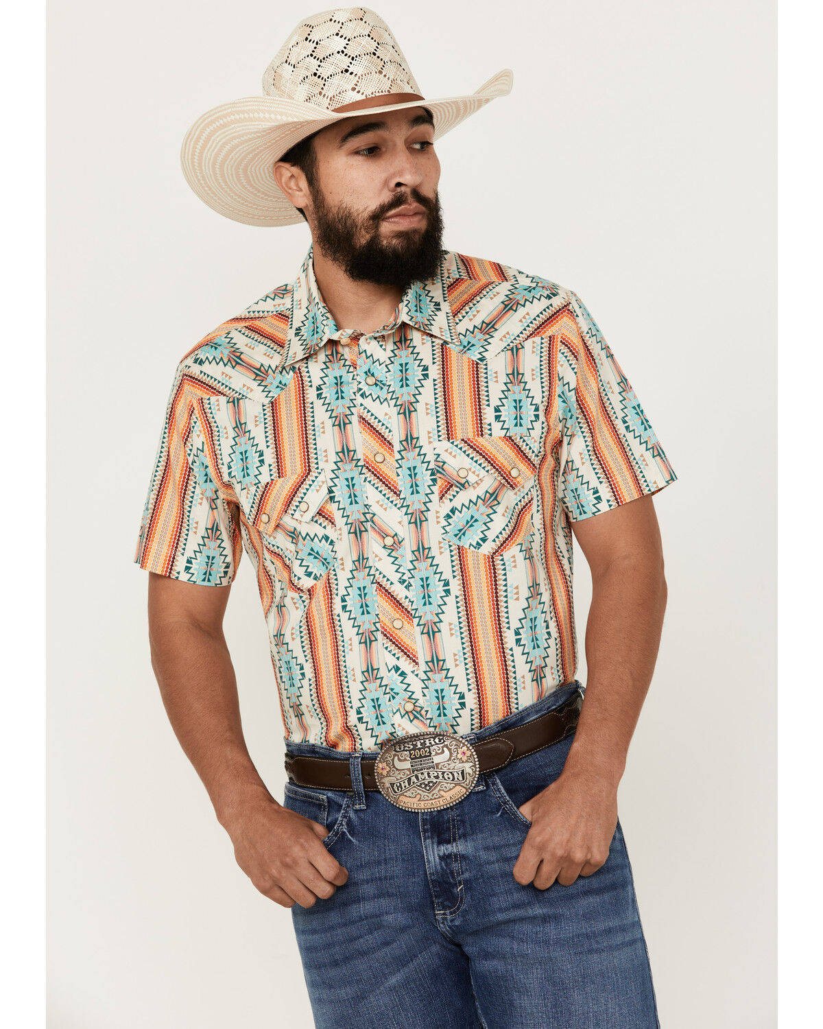 Image #1 - Rock & Roll Denim Men's Southwestern Print Short Sleeve Pearl Snap Stretch Western Shirt, Cream, hi-res
