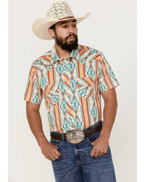 Rock & Roll Denim Men's Southwestern Print Short Sleeve Pearl Snap Stretch Western Shirt , Cream, hi-res