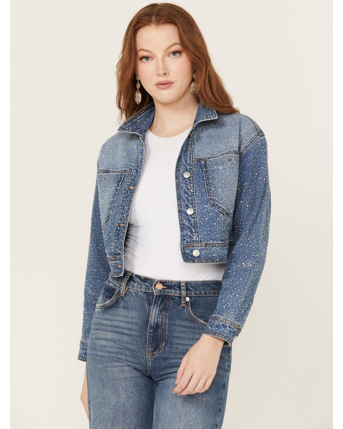 Image #1 - Vibrant Denim Women's Rhinestone Embellished Cropped Denim Jacket, Medium Wash, hi-res