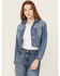 Image #1 - Vibrant Denim Women's Rhinestone Embellished Cropped Denim Jacket, Medium Wash, hi-res