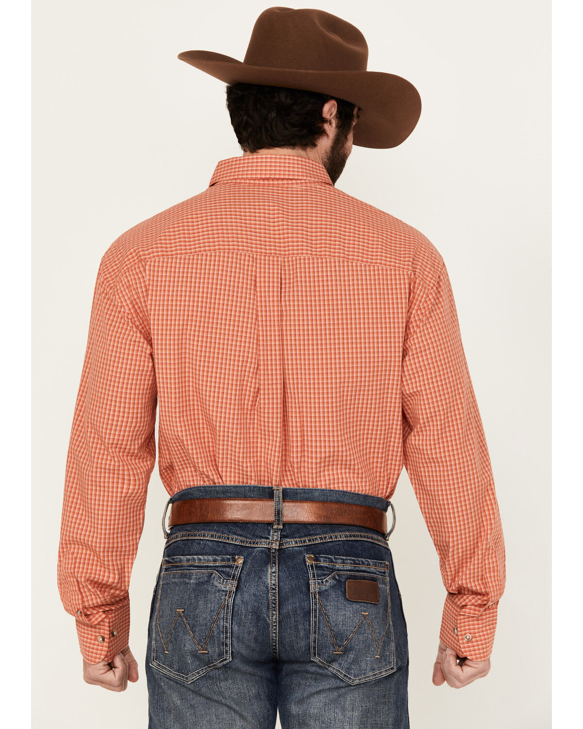 Image #4 - George Strait by Wrangler Men's Plaid Print Long Sleeve Button-Down Stretch Western Shirt, Brick Red, hi-res