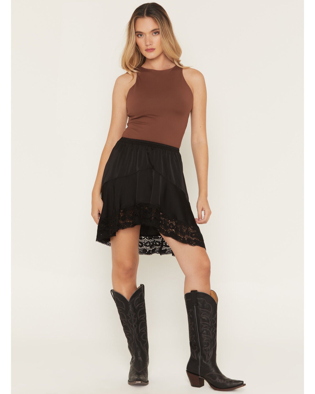 Image #1 - Wild Moss Women's Lace Trim Slip Mini Skirt, Black, hi-res