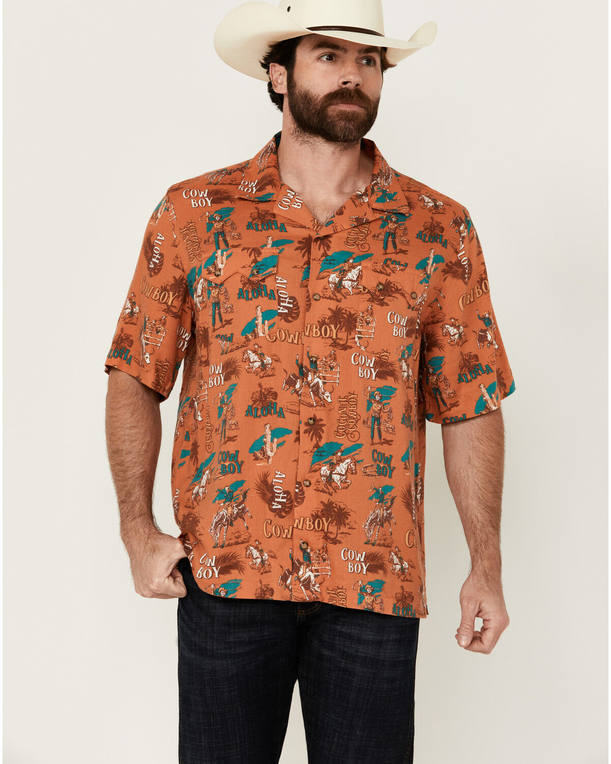 Image #1 - Wrangler Men's Conversation Print Short Sleeve Snap Western Shirt, Orange, hi-res