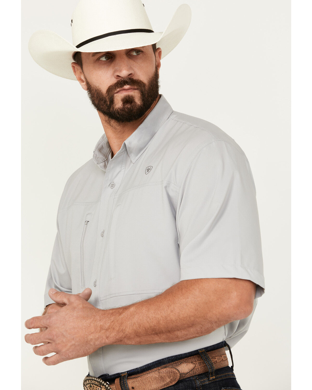 Image #2 - Ariat Men's VentTEK Classic Fit Solid Short Sleeve Performance Shirt - Big, Light Grey, hi-res