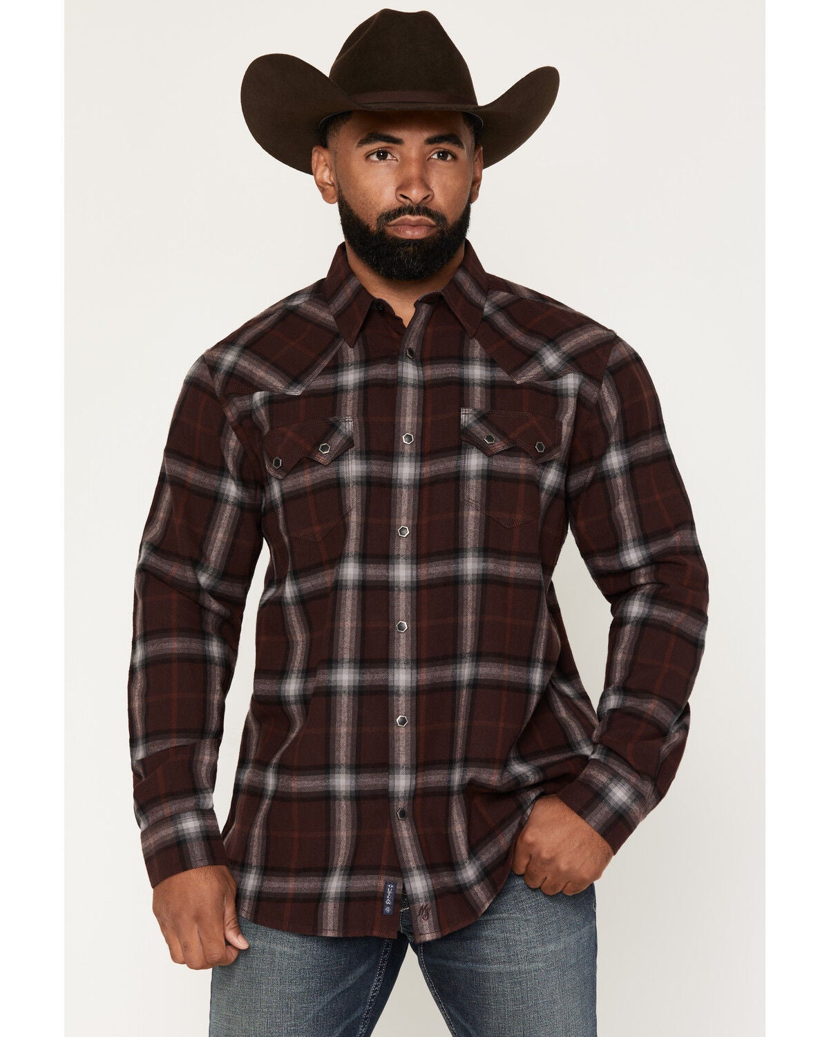 Moonshine Spirit&reg;&nbsp;Men's Oklahoma Plaid Print Long Sleeve Snap Flannel Shirt, Burgundy, hi-res