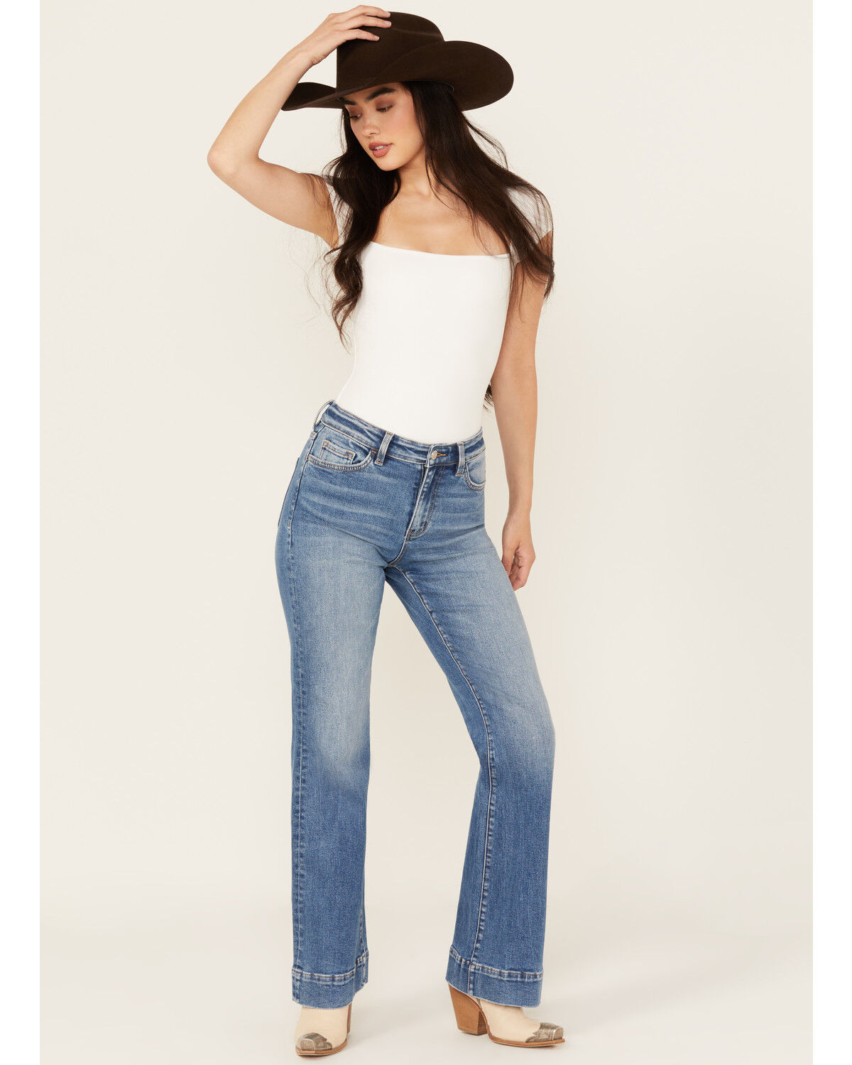 Image #1 - Vervet Women's Medium Wash High Rise Relaxed Flare Trouser Stretch Denim Jeans, Medium Wash, hi-res