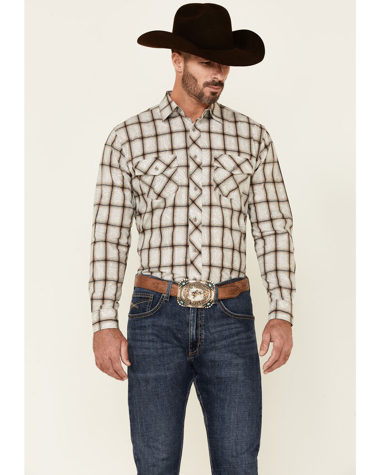Wrangler Retro Premium Men's Tan & Grey Paisley Plaid Long Sleeve Western Shirt , Tan, hi-res
