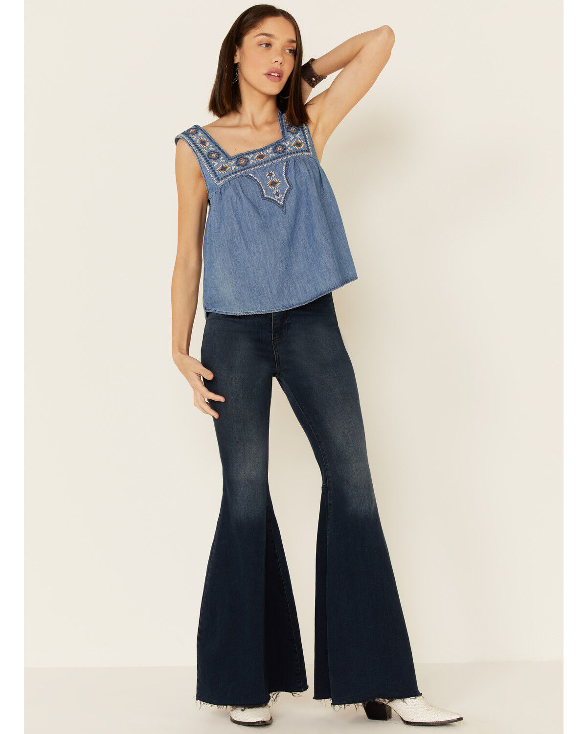 Image #2 - Wrangler Retro Women's Americana Chambray Embroidered Neck Tank Top, Blue, hi-res