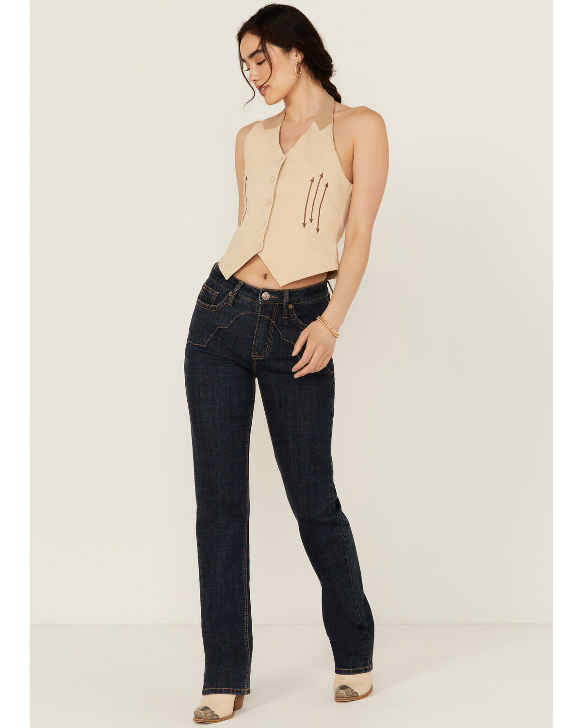 Image #1 - Rock & Roll Denim Women's Dark Wash High Rise Western Yoke Modest Bootcut Stretch Denim Jeans, Dark Wash, hi-res