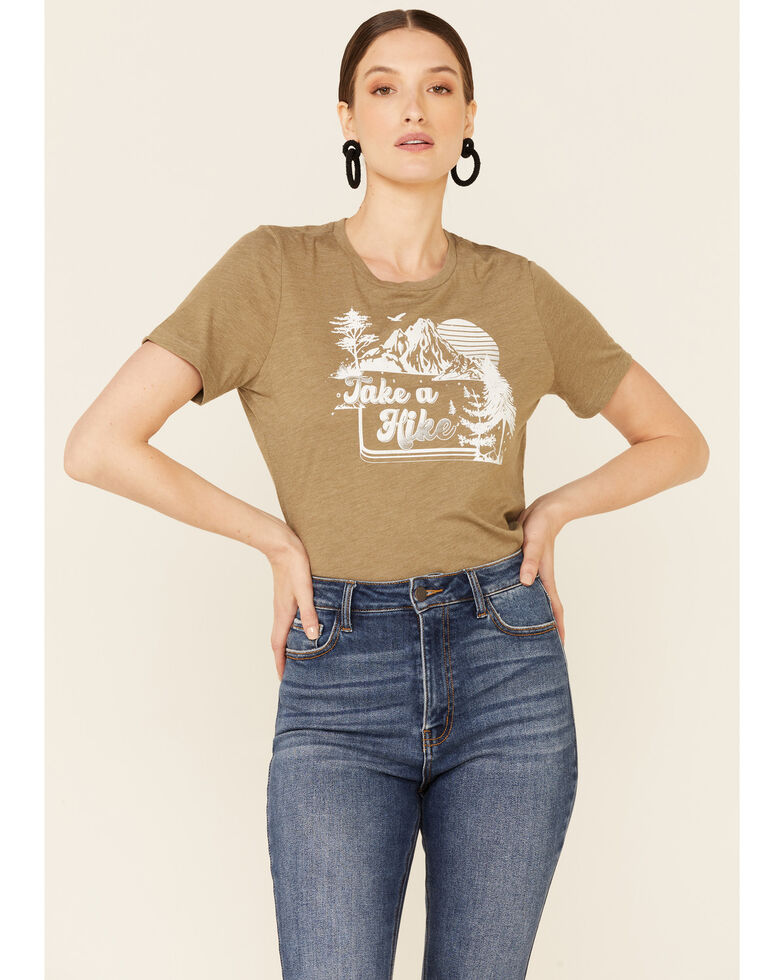 Blended Women's Heather Olive Take A Hike Graphic Short Sleeve Tee , Olive, hi-res